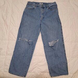 Uniqlo Jeans Mens 34x31 Blue Straight Leg Wide Baggy Fabric Distressed Destroyed